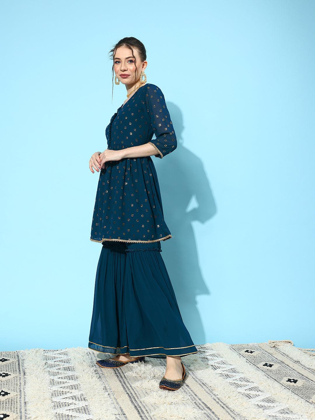 Blue Embroidered Georgette A-Line Kurti With Sharara & Dupatta - ShopLibas