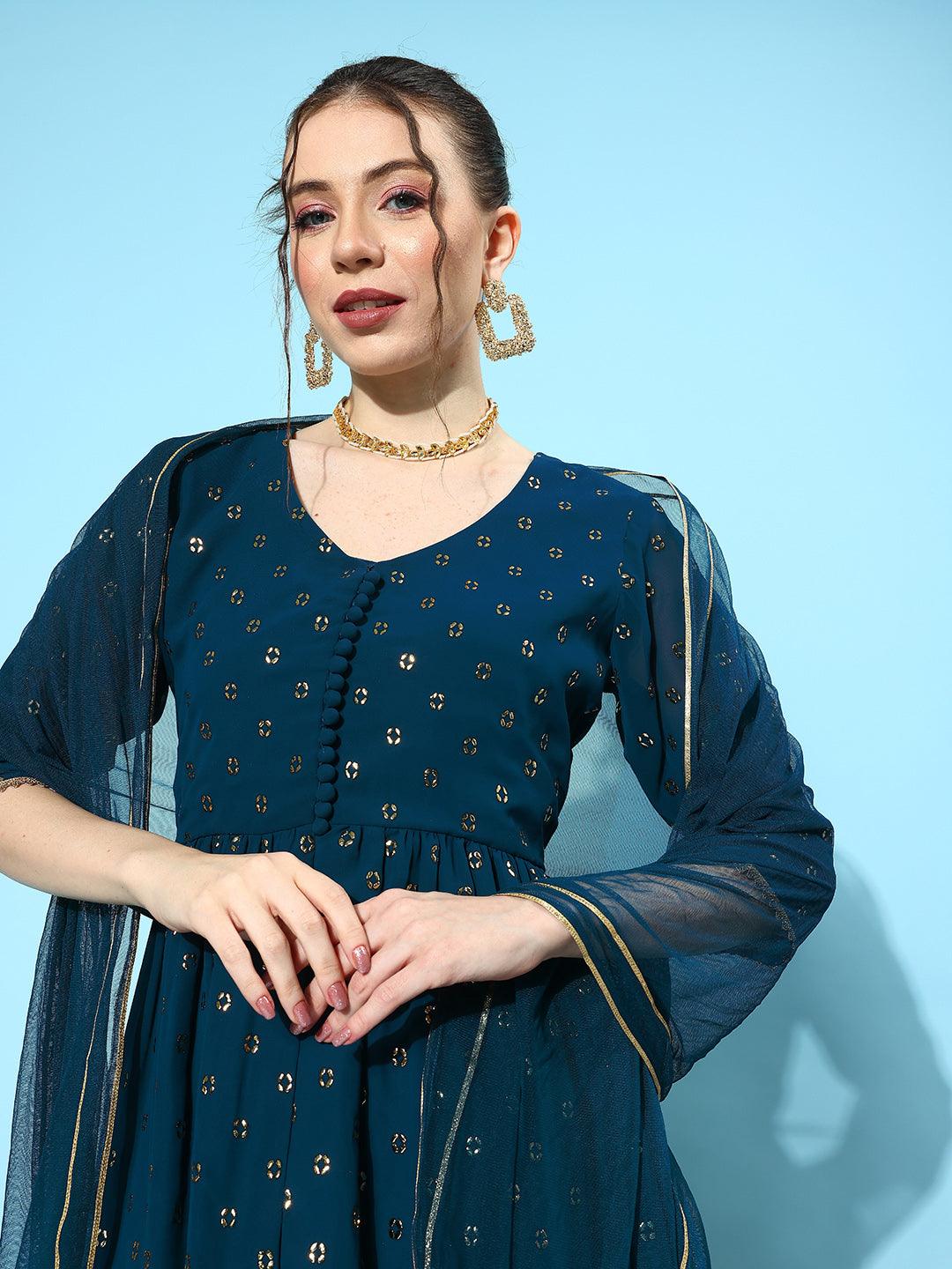 Blue Embroidered Georgette A-Line Kurti With Sharara & Dupatta - ShopLibas