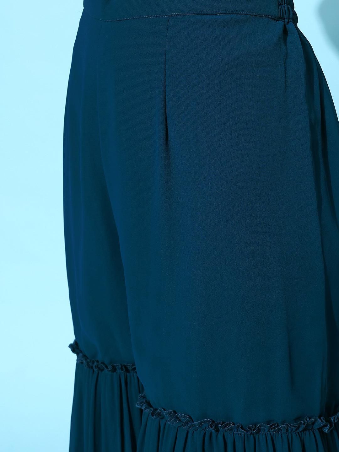 Blue Embroidered Georgette A-Line Kurti With Sharara & Dupatta - ShopLibas