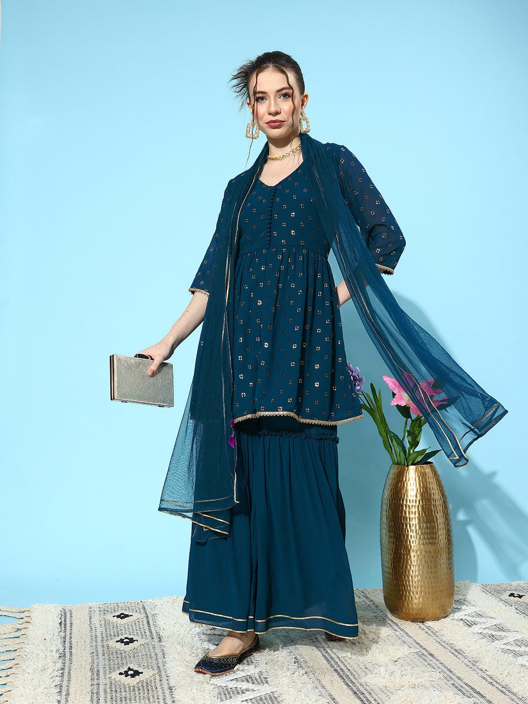 Blue Embroidered Georgette A-Line Kurti With Sharara & Dupatta - ShopLibas