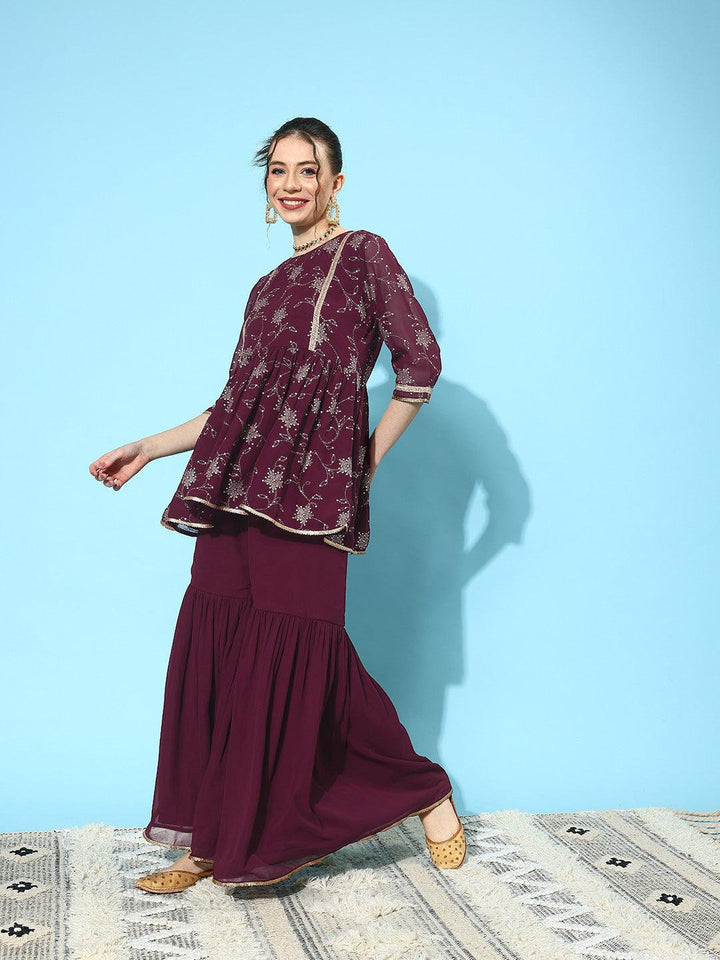 Wine Embroidered Georgette A-Line Kurti With Sharara & Dupatta