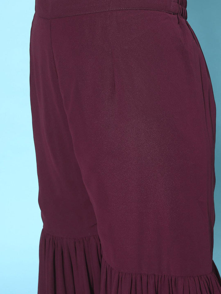 Wine Embroidered Georgette A-Line Kurti With Sharara & Dupatta