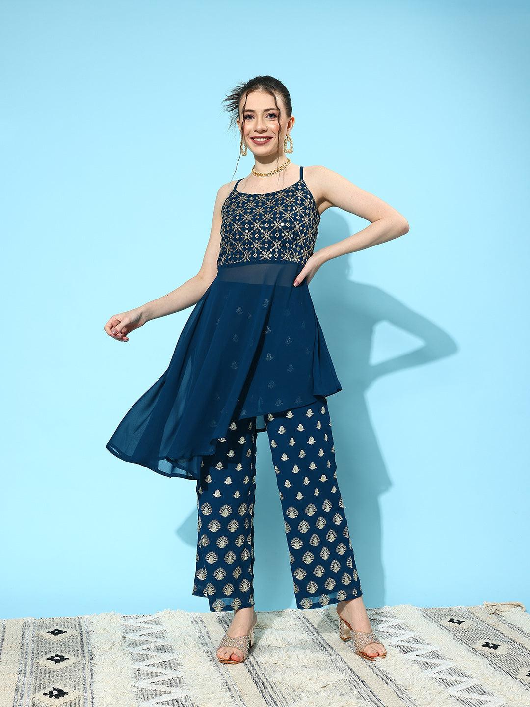 Blue Georgette Embellished Co-Ords - ShopLibas