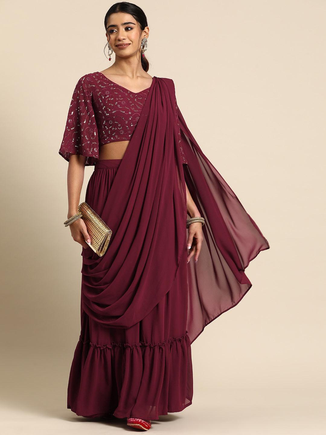 Maroon Embroidered Georgette Saree - ShopLibas