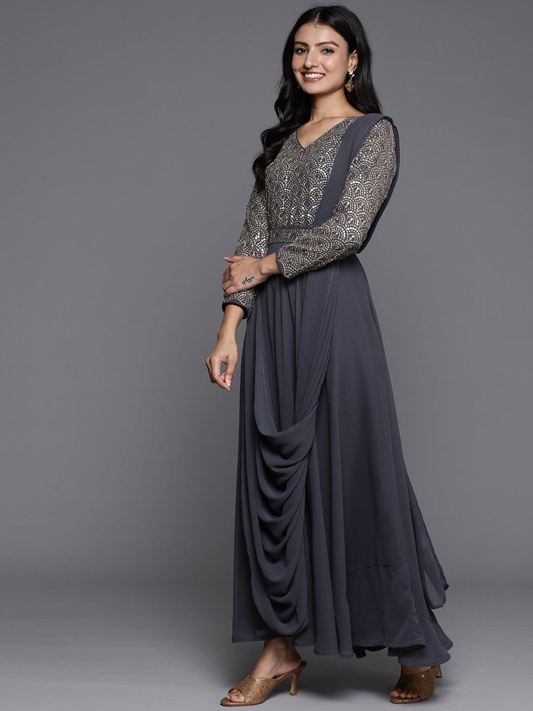 Grey Embroidered Georgette Gown Dress - ShopLibas