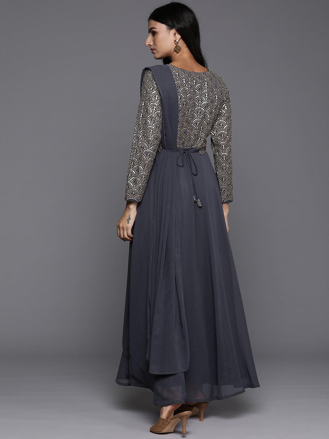Grey Embroidered Georgette Gown Dress - ShopLibas