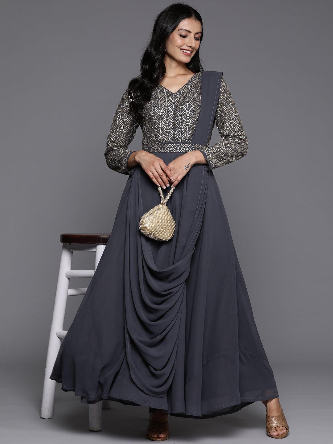 Grey Embroidered Georgette Gown Dress - ShopLibas