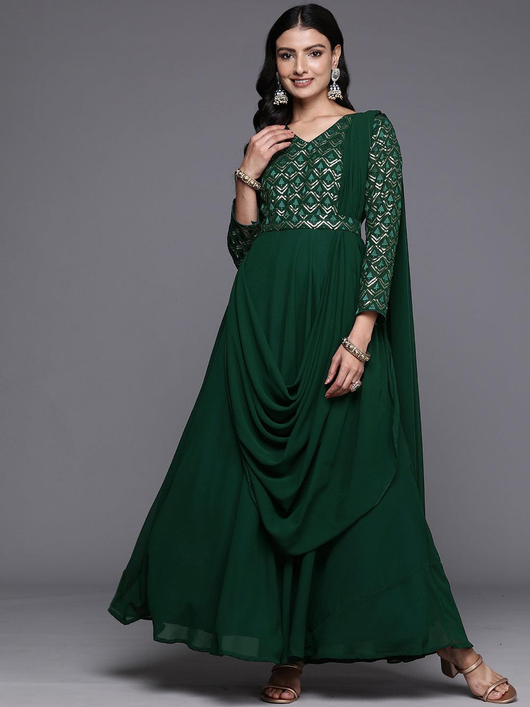 Buy Green Embroidered Georgette Gown Dress Online in United States at $57.00 | Libas Buy Green Embroidered Georgette Gown Dress Online in United States at $57.00 | Libas