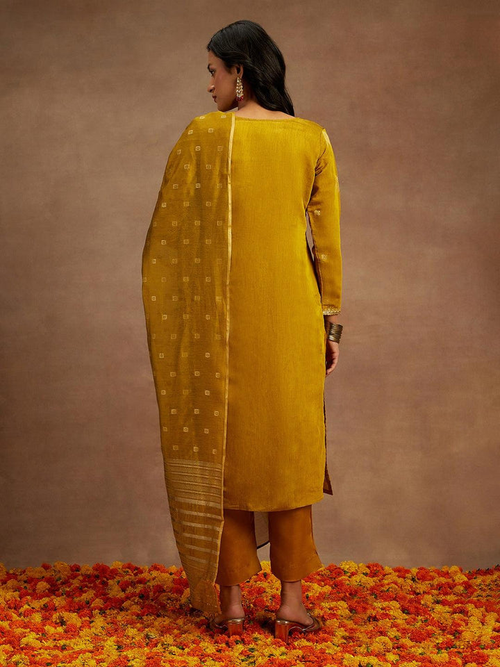 Mustard Woven Design Chanderi Silk Straight Suit With Dupatta