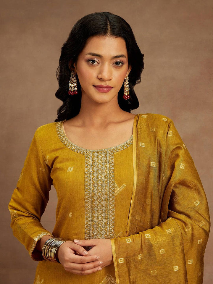 Mustard Woven Design Chanderi Silk Straight Suit With Dupatta