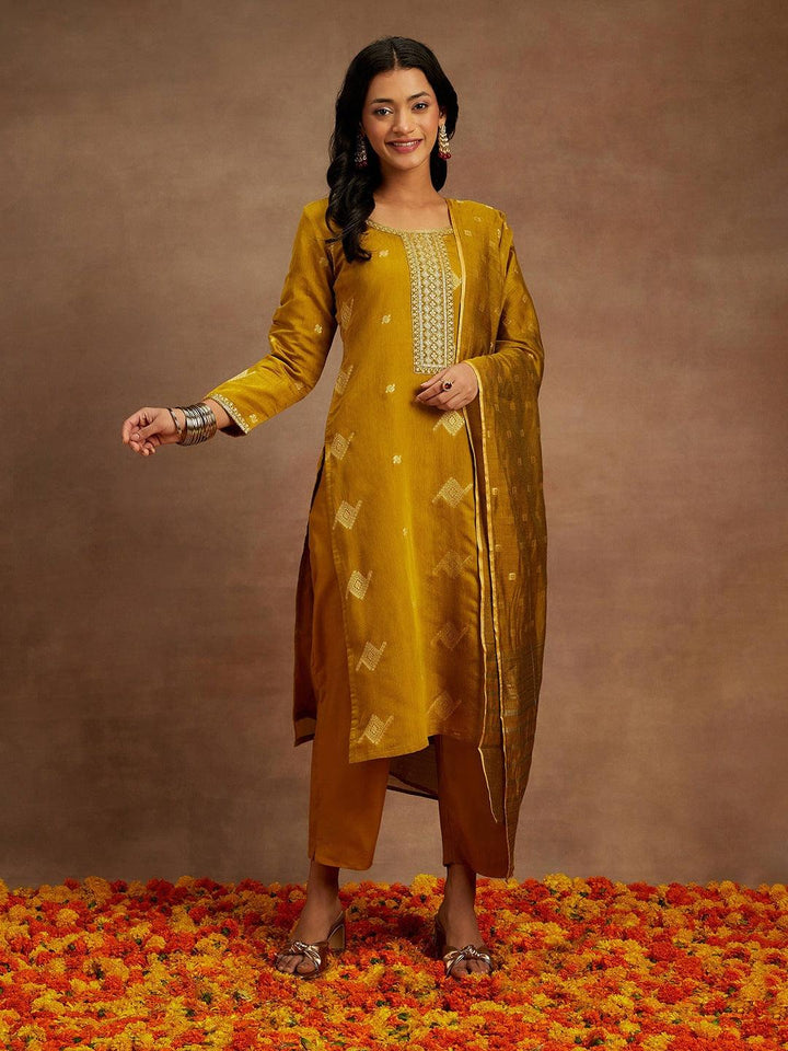 Mustard Woven Design Chanderi Silk Straight Suit With Dupatta