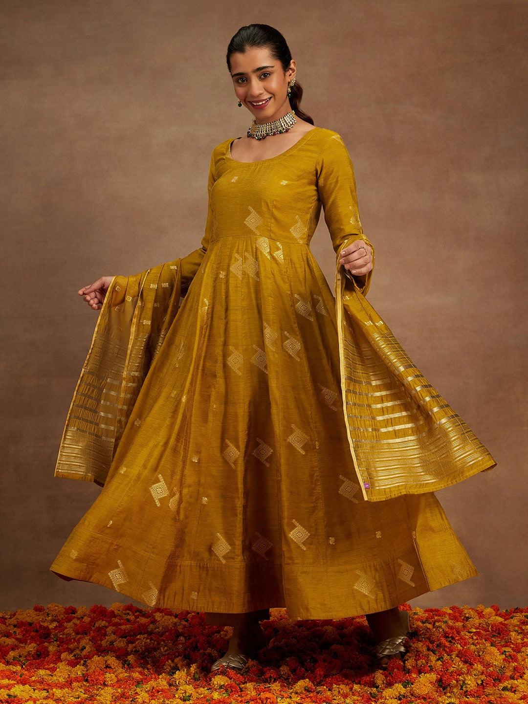 Mustard Woven Design Chanderi Silk Anarkali Kurta With Palazzos & Dupatta - ShopLibas