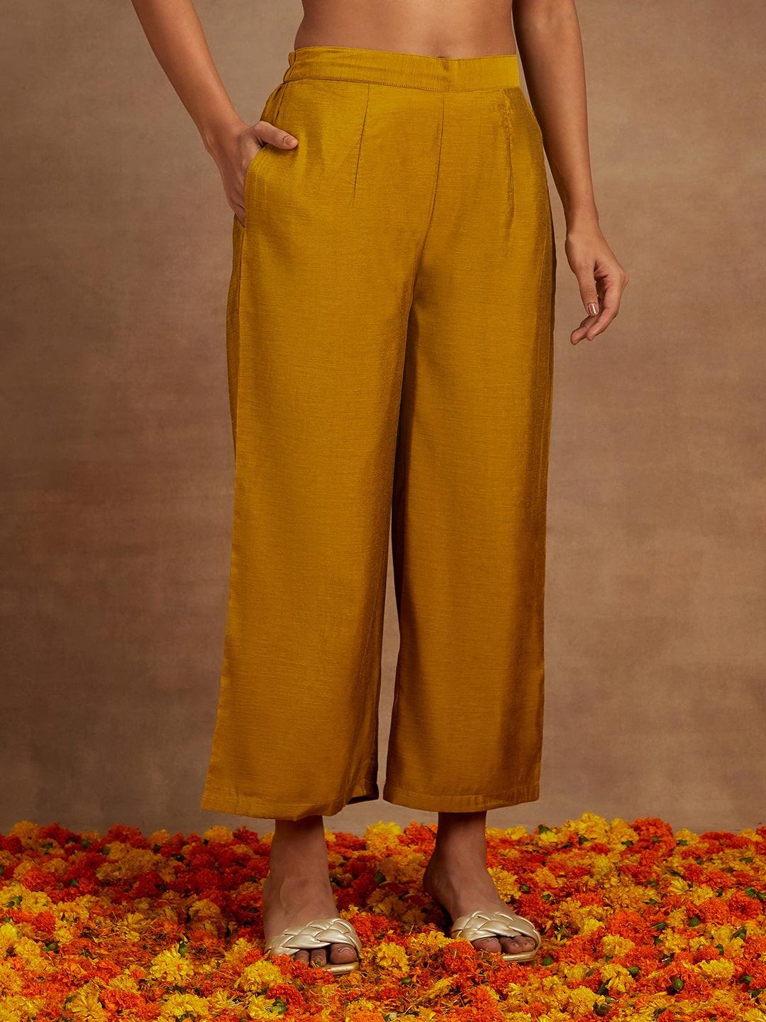 Mustard Woven Design Chanderi Silk Anarkali Kurta With Palazzos & Dupatta - ShopLibas