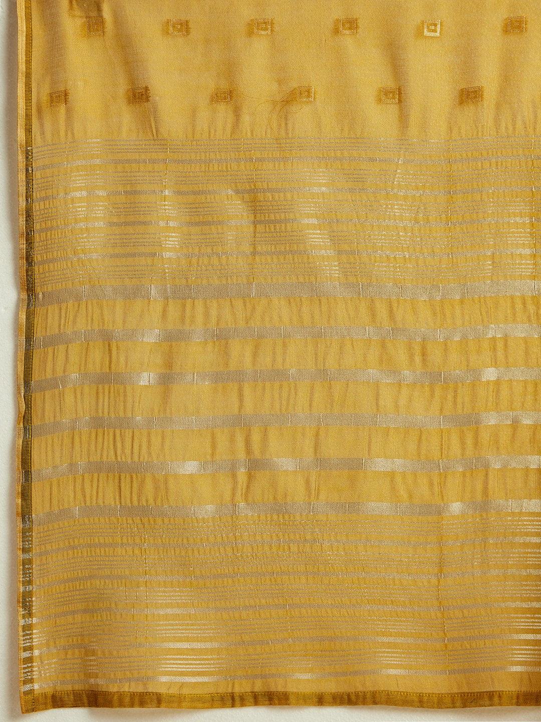 Mustard Woven Design Chanderi Silk Anarkali Kurta With Palazzos & Dupatta - ShopLibas
