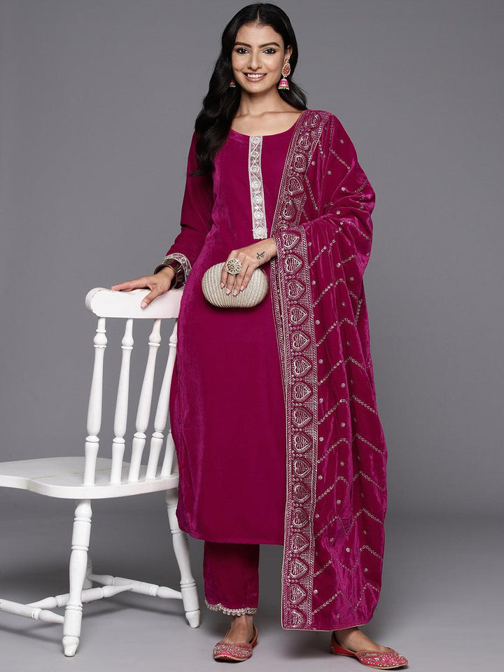 Pink Yoke Design Velvet Straight Suit With Dupatta