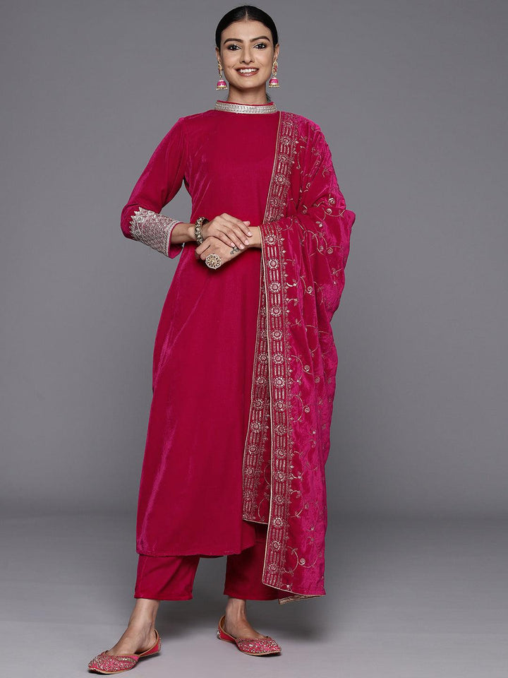 Pink Solid Velvet A-Line Kurta With Trousers & Dupatta