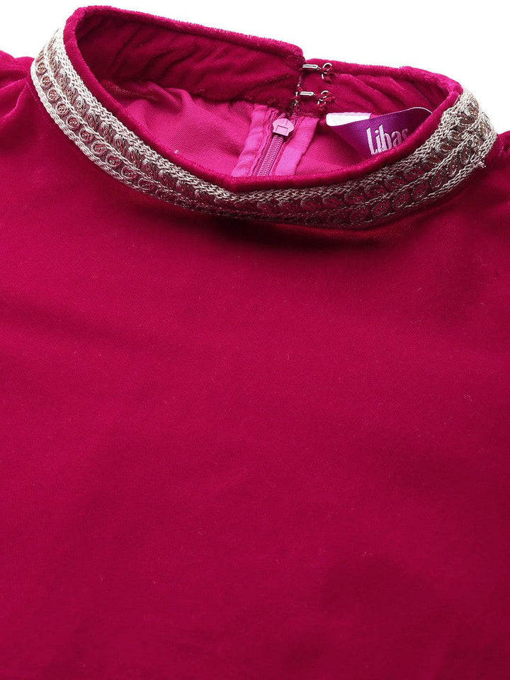 Pink Solid Velvet A-Line Kurta With Trousers & Dupatta