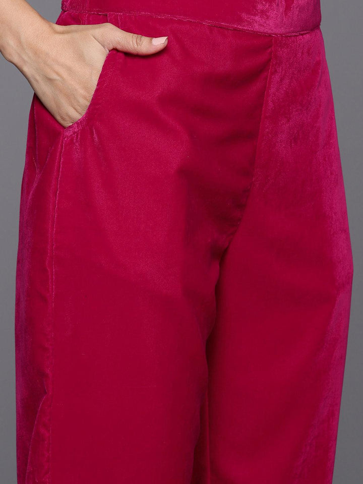 Pink Solid Velvet A-Line Kurta With Trousers & Dupatta
