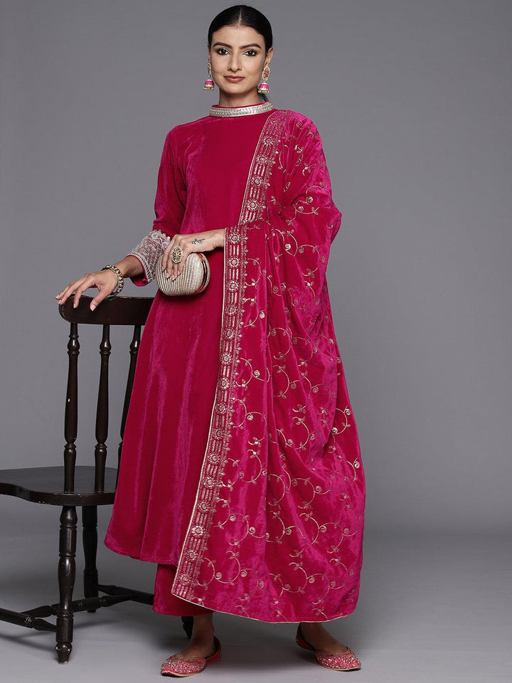 Pink Solid Velvet A-Line Kurta With Trousers & Dupatta