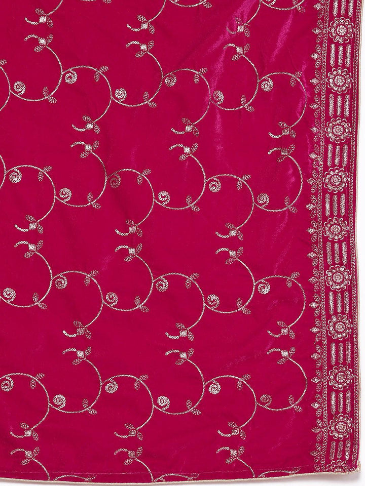 Pink Solid Velvet A-Line Kurta With Trousers & Dupatta
