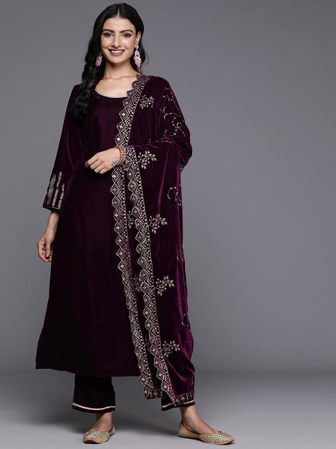 Buy Wine Solid Velvet Straight Suit With Dupatta Online at