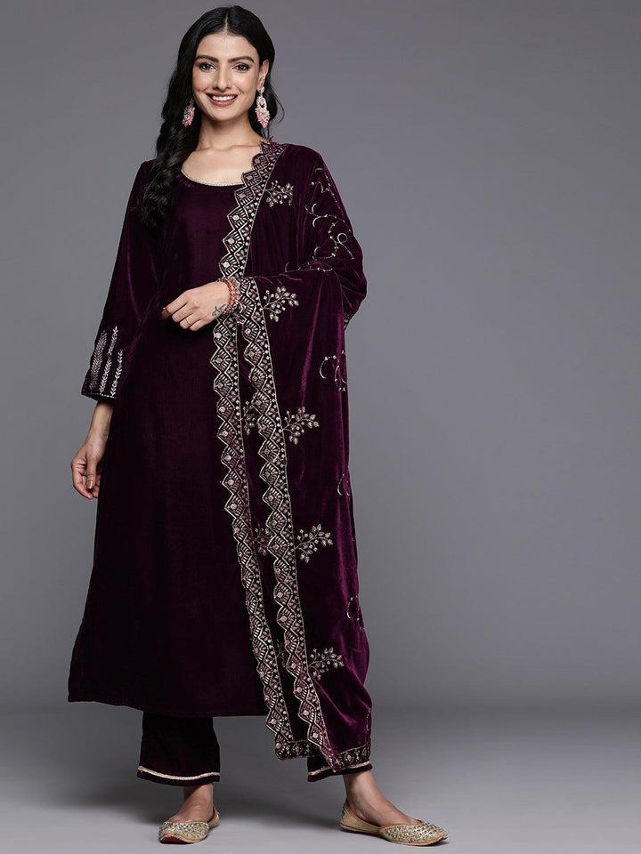 Wine Solid Velvet Straight Suit With Dupatta