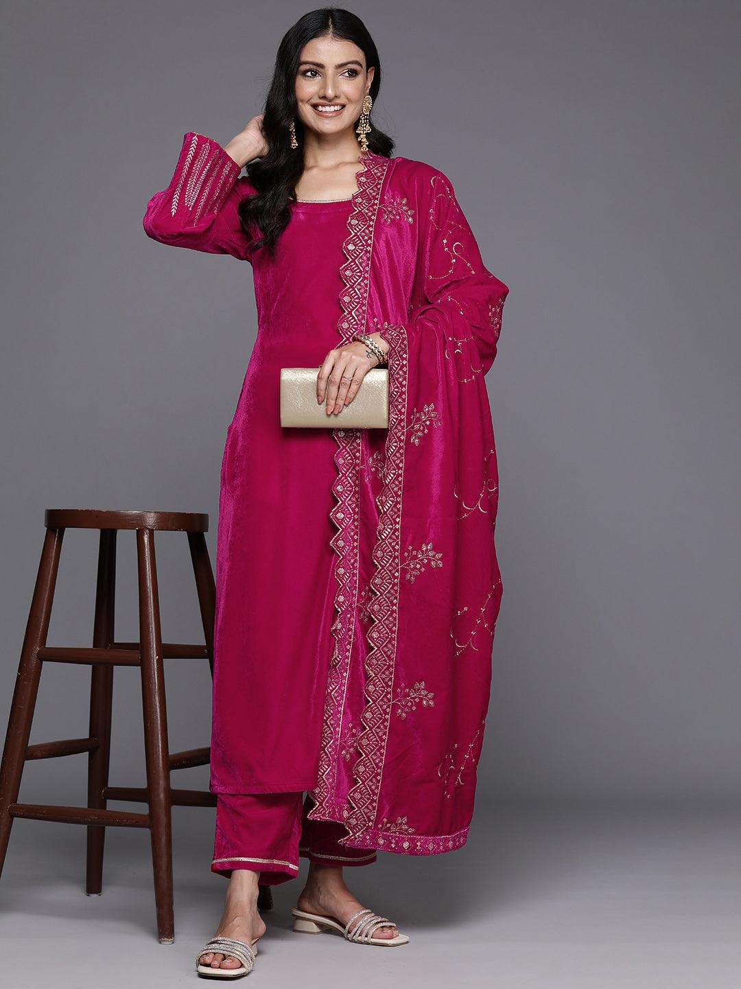 Pink Solid Velvet Straight Kurta With Trousers & Dupatta - ShopLibas
