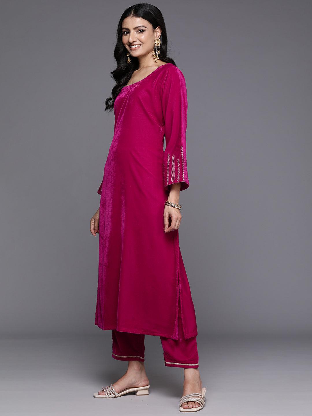 Pink Solid Velvet Straight Kurta With Trousers & Dupatta - ShopLibas