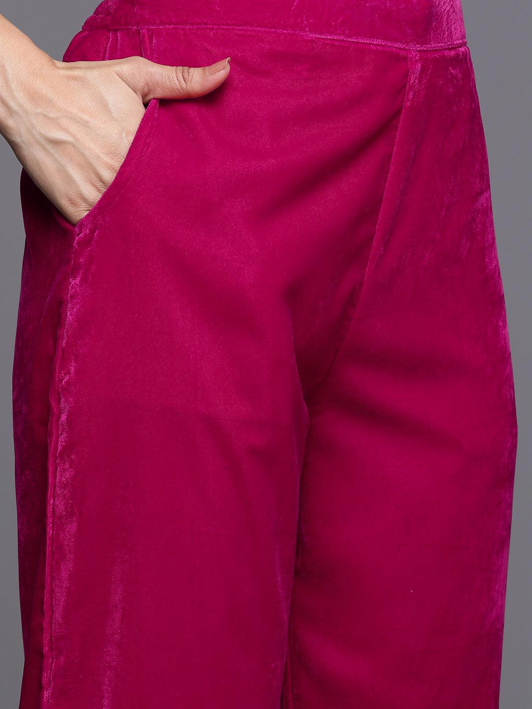 Pink Solid Velvet Straight Kurta With Trousers & Dupatta - ShopLibas
