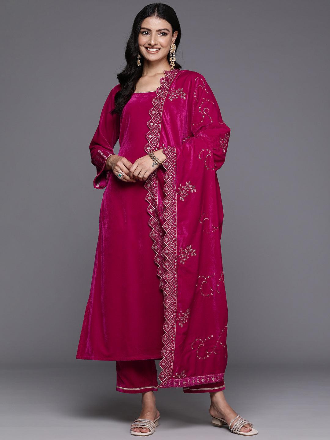 Pink Solid Velvet Straight Kurta With Trousers & Dupatta - ShopLibas