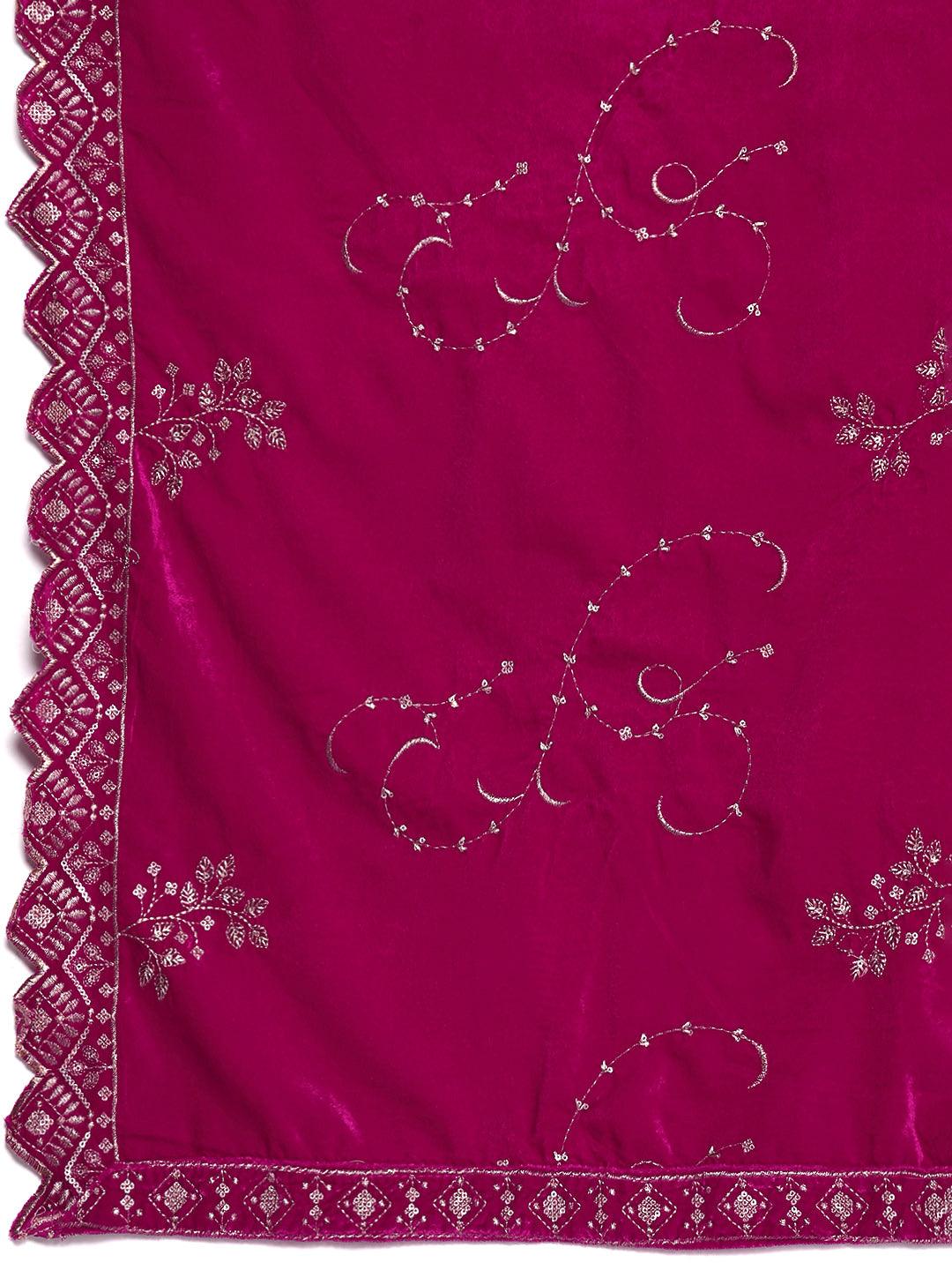 Pink Solid Velvet Straight Kurta With Trousers & Dupatta - ShopLibas