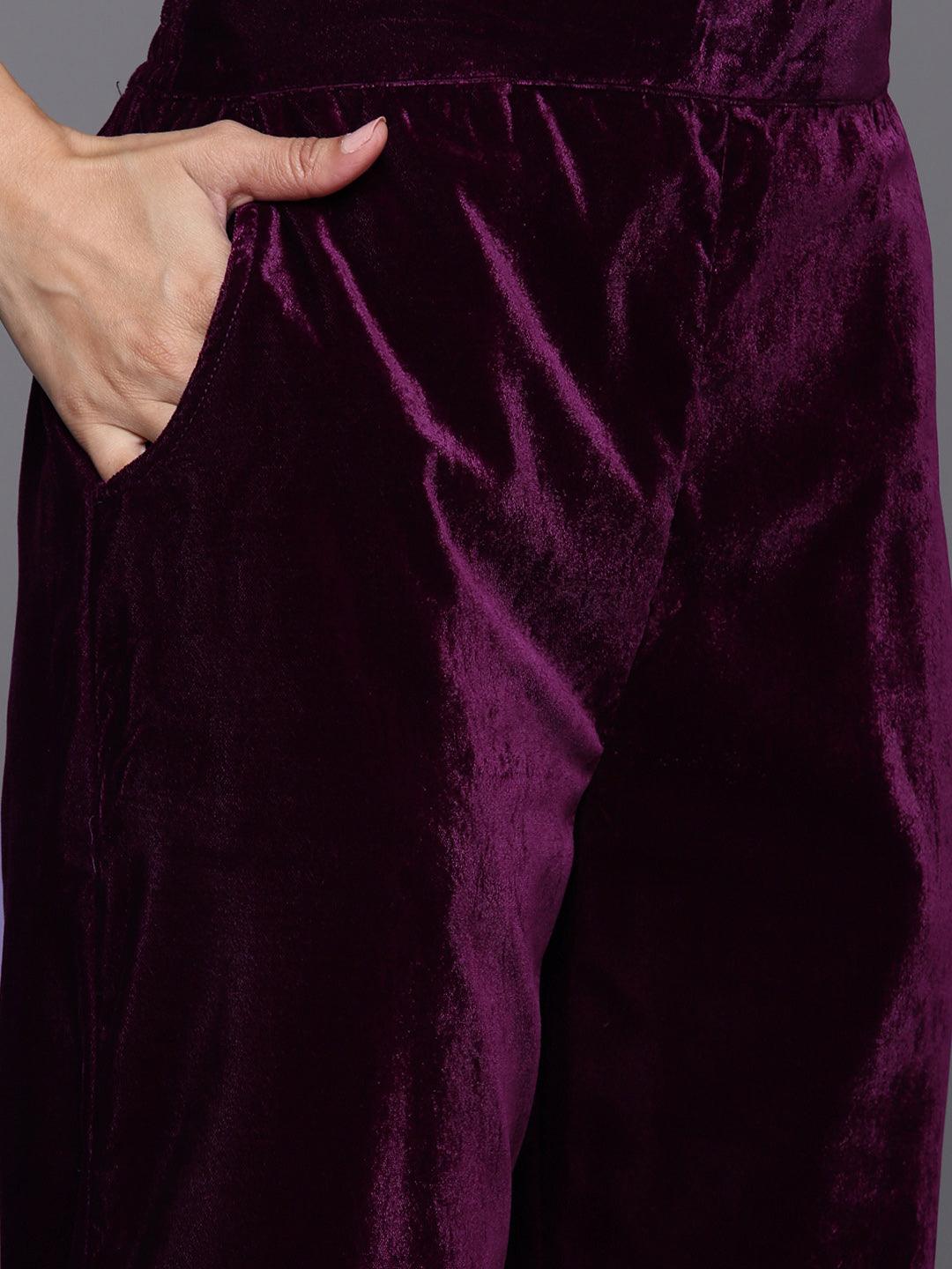 Wine Embroidered Velvet A-Line Kurta With Trousers & Dupatta - ShopLibas