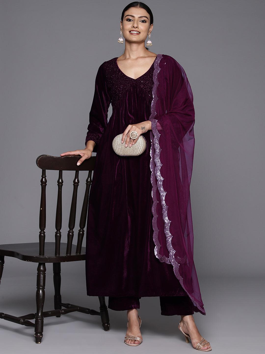 Wine Embroidered Velvet A-Line Kurta With Trousers & Dupatta - ShopLibas