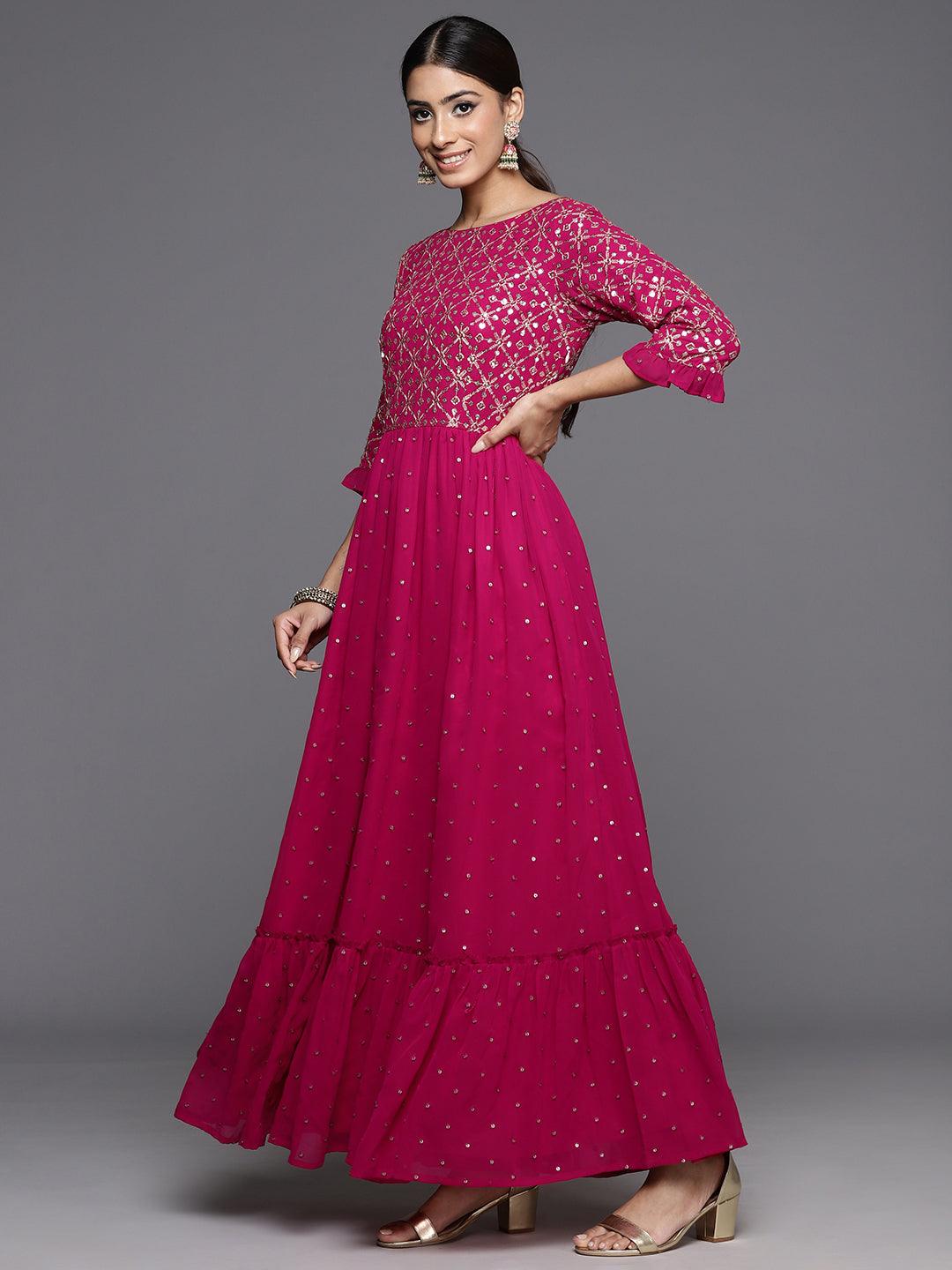 Pink Embroidered Georgette Anarkali Kurta With Trousers & Dupatta - ShopLibas