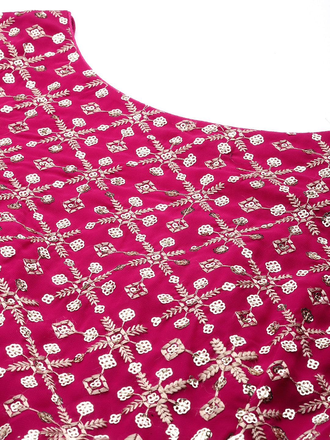 Pink Embroidered Georgette Anarkali Kurta With Trousers & Dupatta - ShopLibas