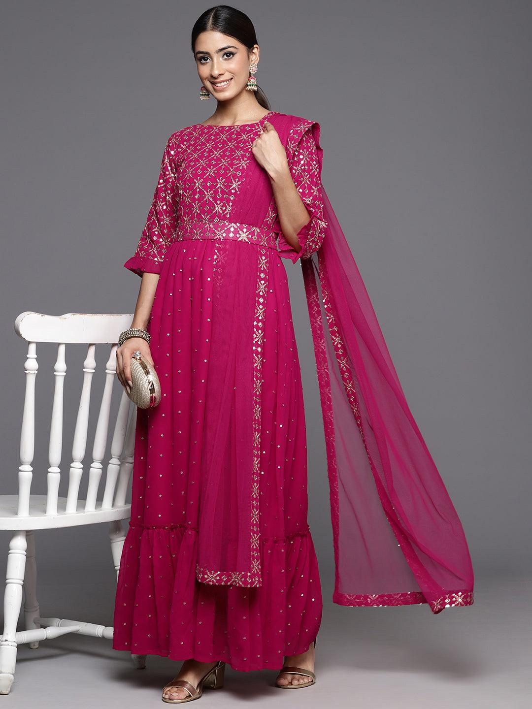 Pink Embroidered Georgette Anarkali Kurta With Trousers & Dupatta - ShopLibas