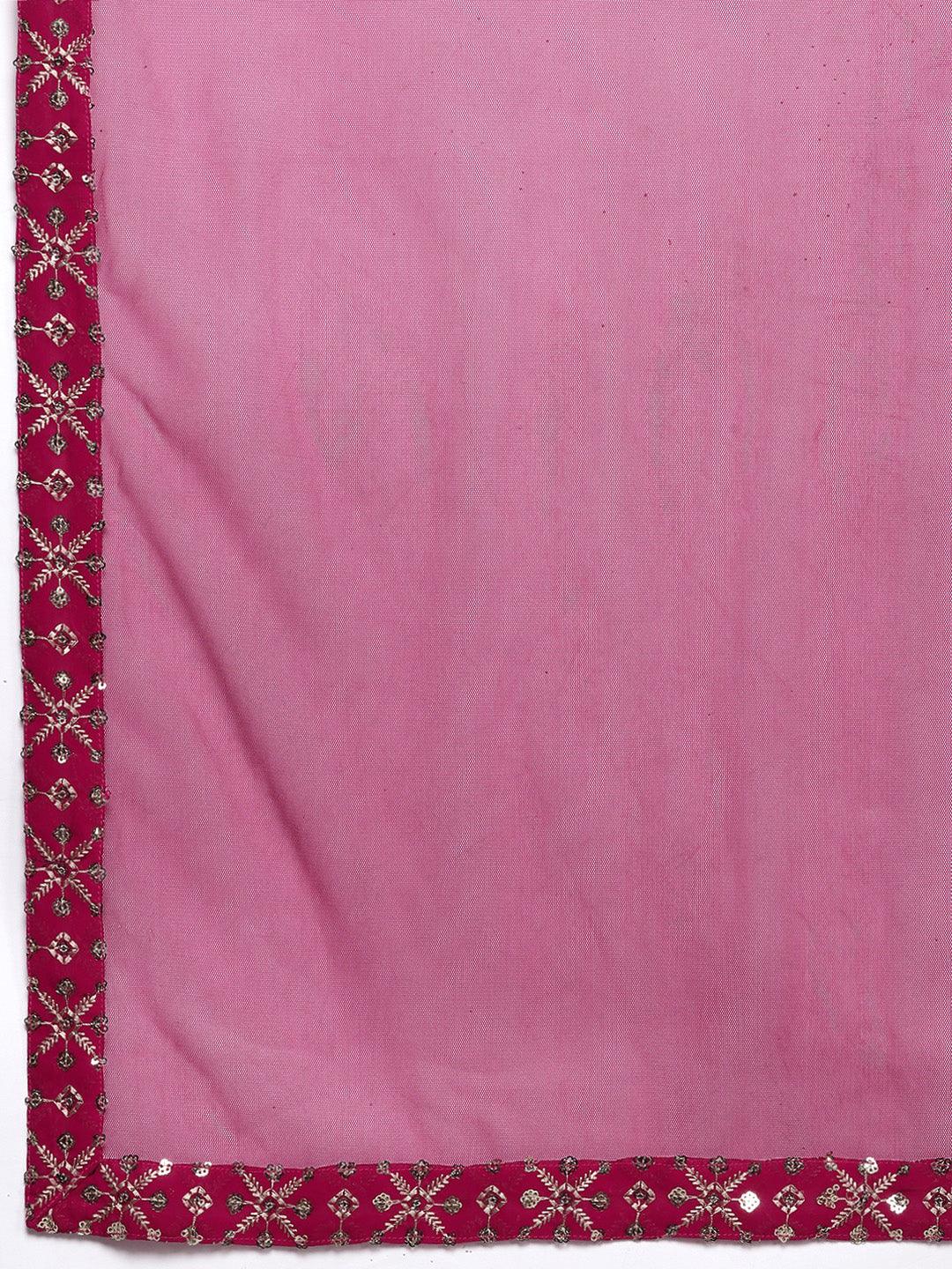 Pink Embroidered Georgette Anarkali Kurta With Trousers & Dupatta - ShopLibas