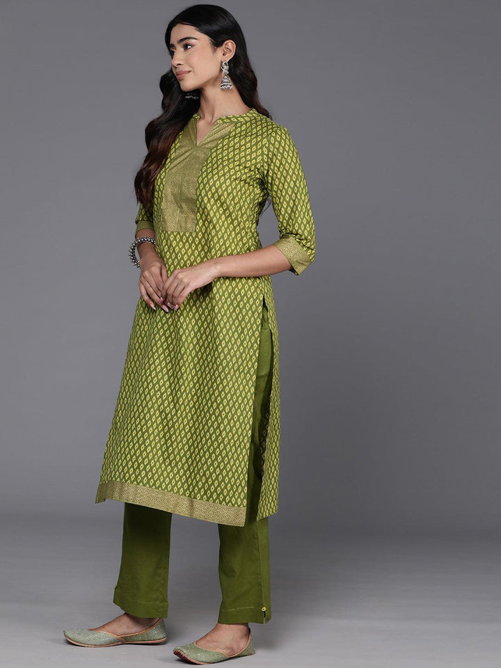 Green Printed Cotton Straight Suit With Dupatta