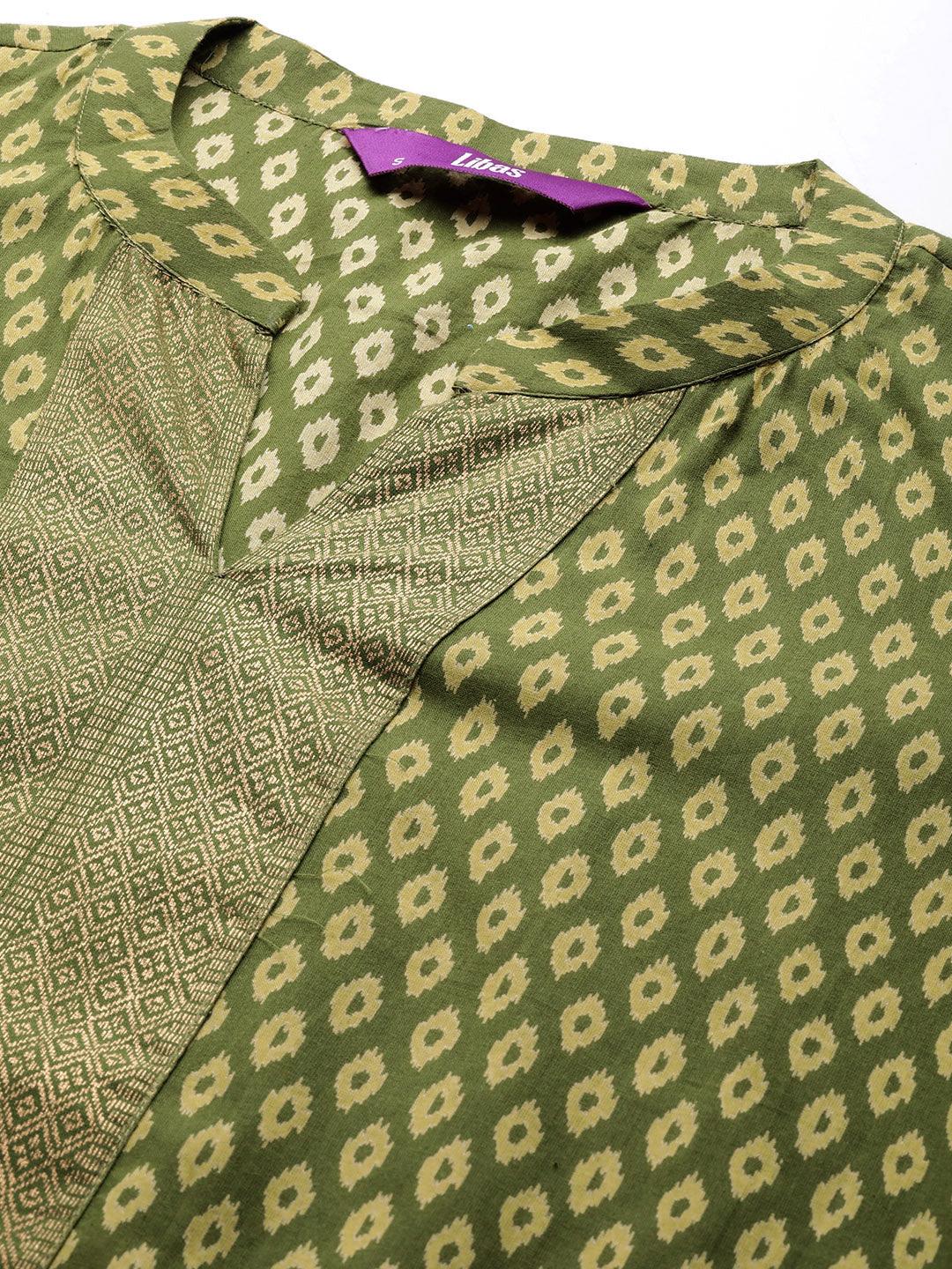 Green Printed Cotton Straight Kurta With Trousers & Dupatta - ShopLibas