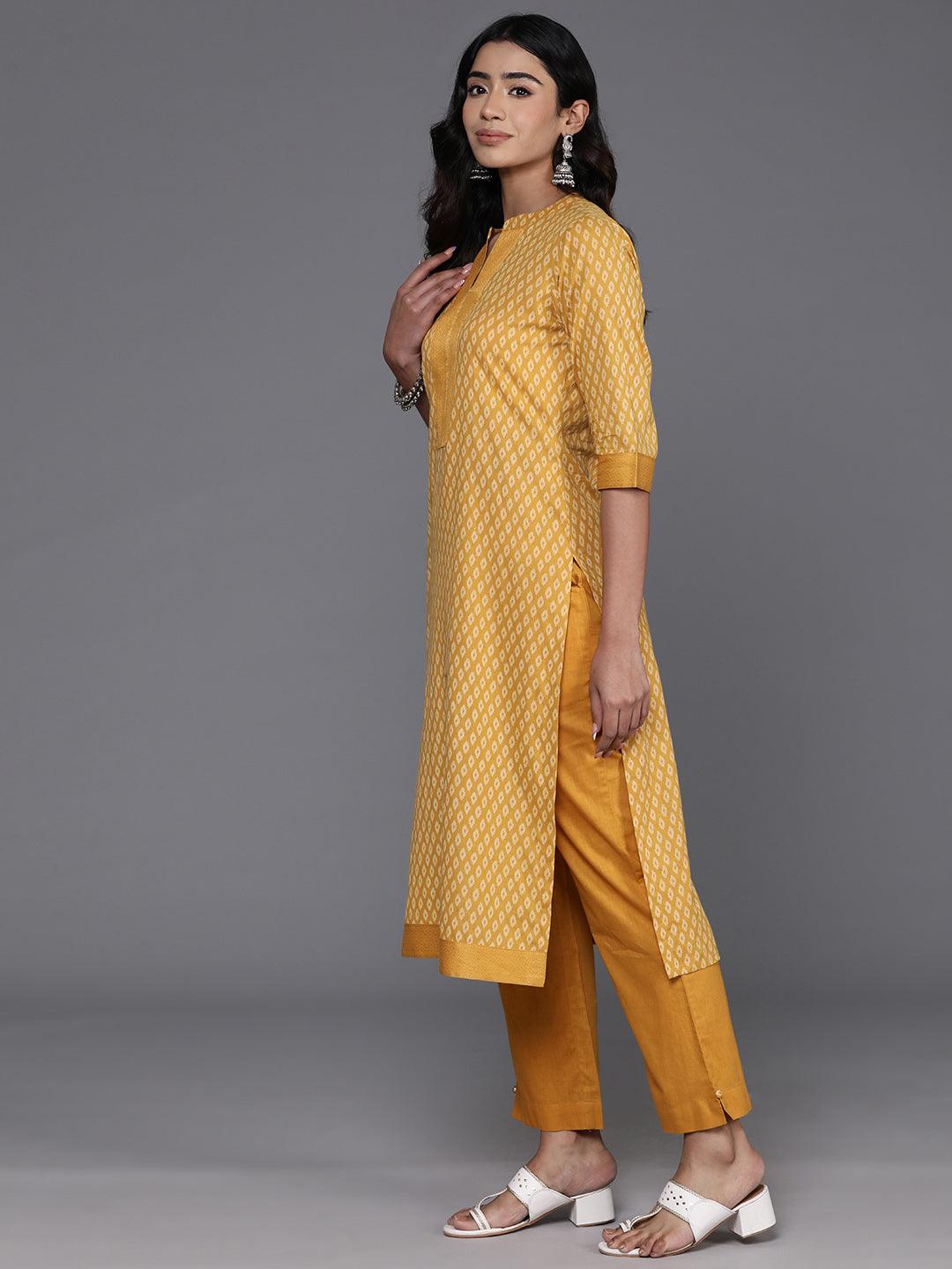 Yellow Printed Cotton Straight Kurta With Trousers & Dupatta - ShopLibas
