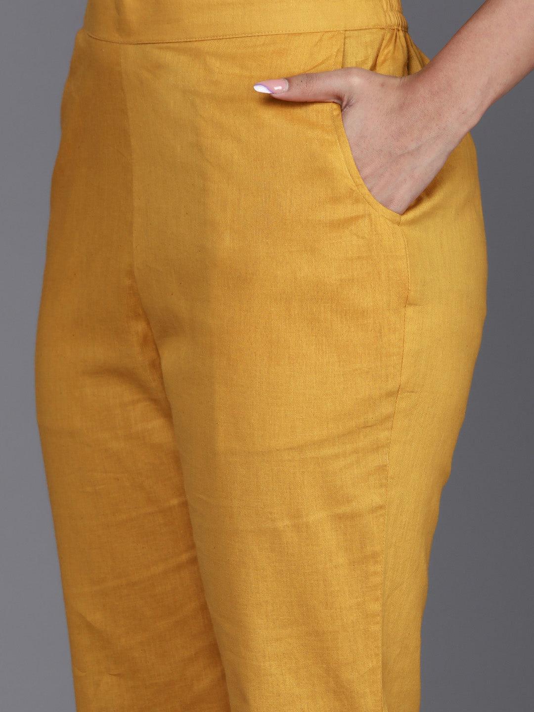 Yellow Printed Cotton Straight Kurta With Trousers & Dupatta - ShopLibas