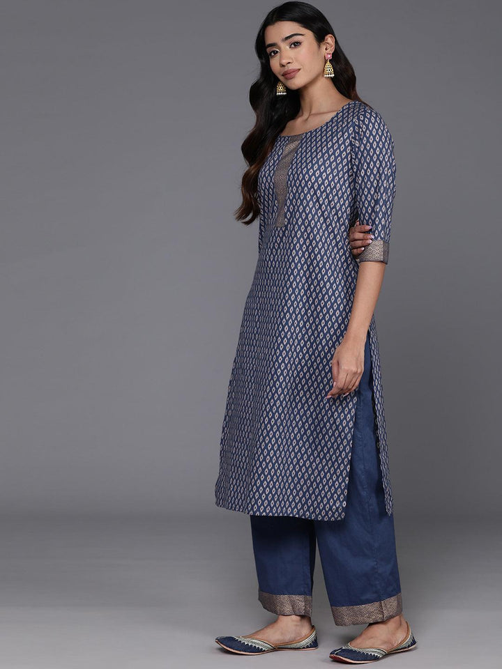 Blue Printed Cotton Straight Suit With Dupatta