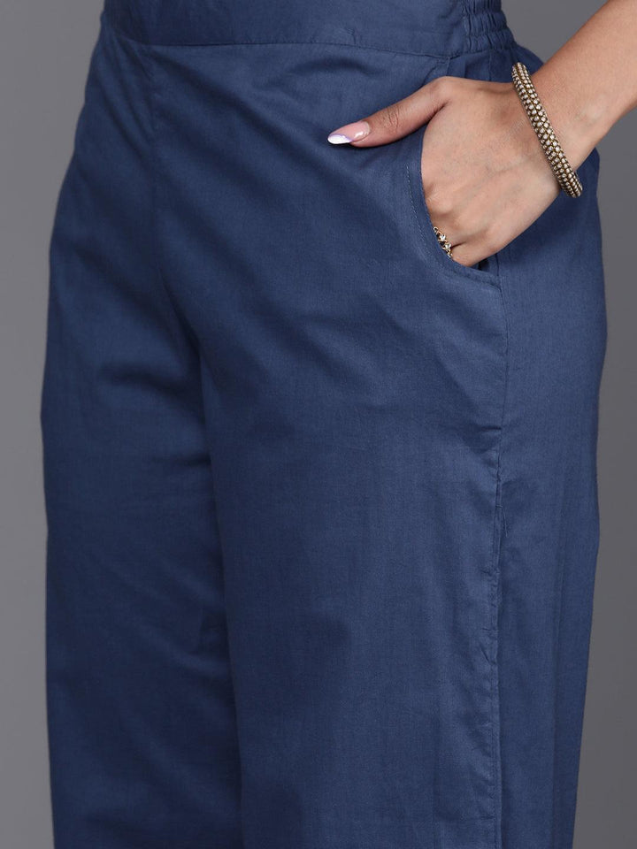 Blue Printed Cotton Straight Suit With Dupatta