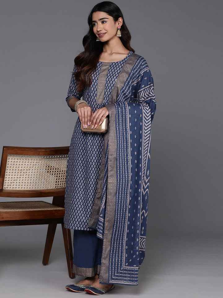 Blue Printed Cotton Straight Suit With Dupatta