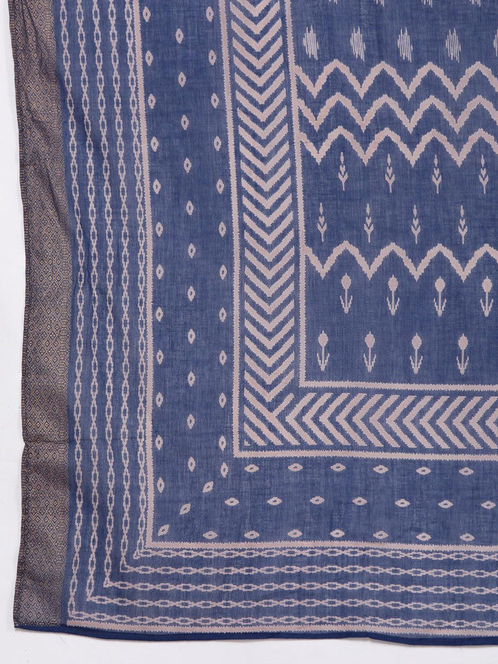 Blue Printed Cotton Straight Suit With Dupatta