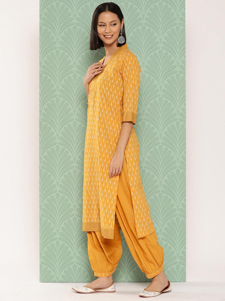 Mustard Printed Cotton Straight Suit With Dupatta