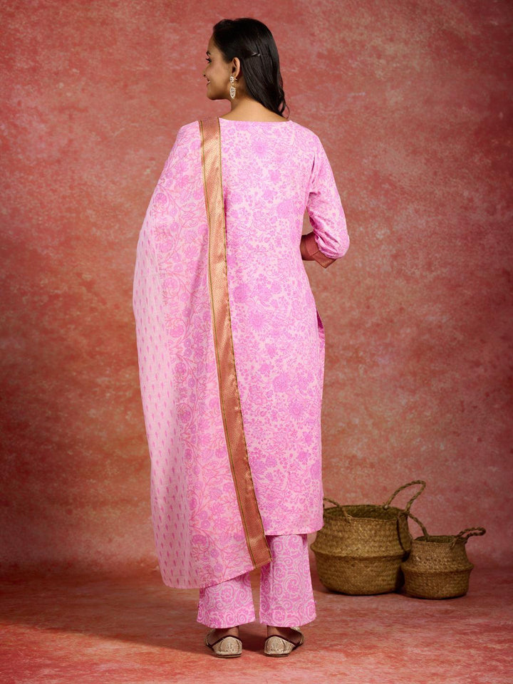 Pink Printed Cotton Straight Suit With Dupatta