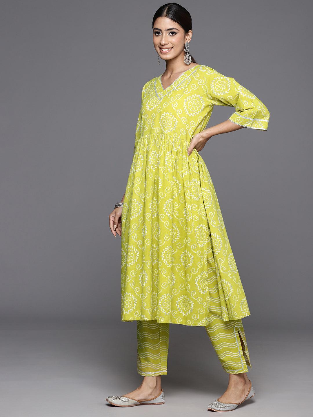 Green Printed Cotton A-Line Kurta With Trousers & Dupatta - ShopLibas