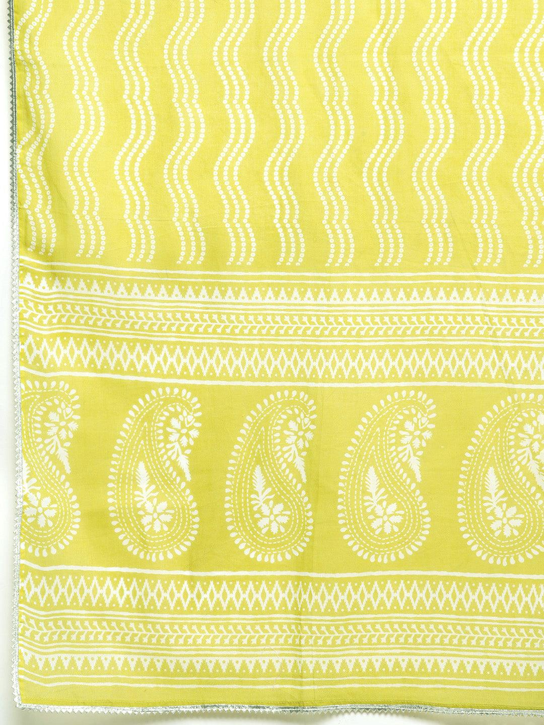 Green Printed Cotton A-Line Kurta With Trousers & Dupatta - ShopLibas