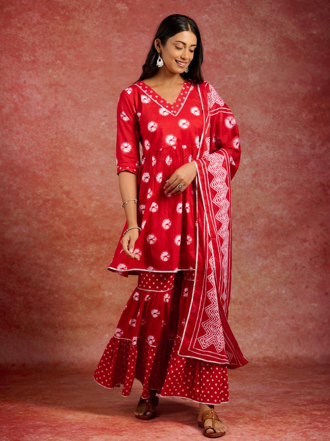 Red Printed Cotton A-Line Kurti With Sharara & Dupatta - ShopLibas